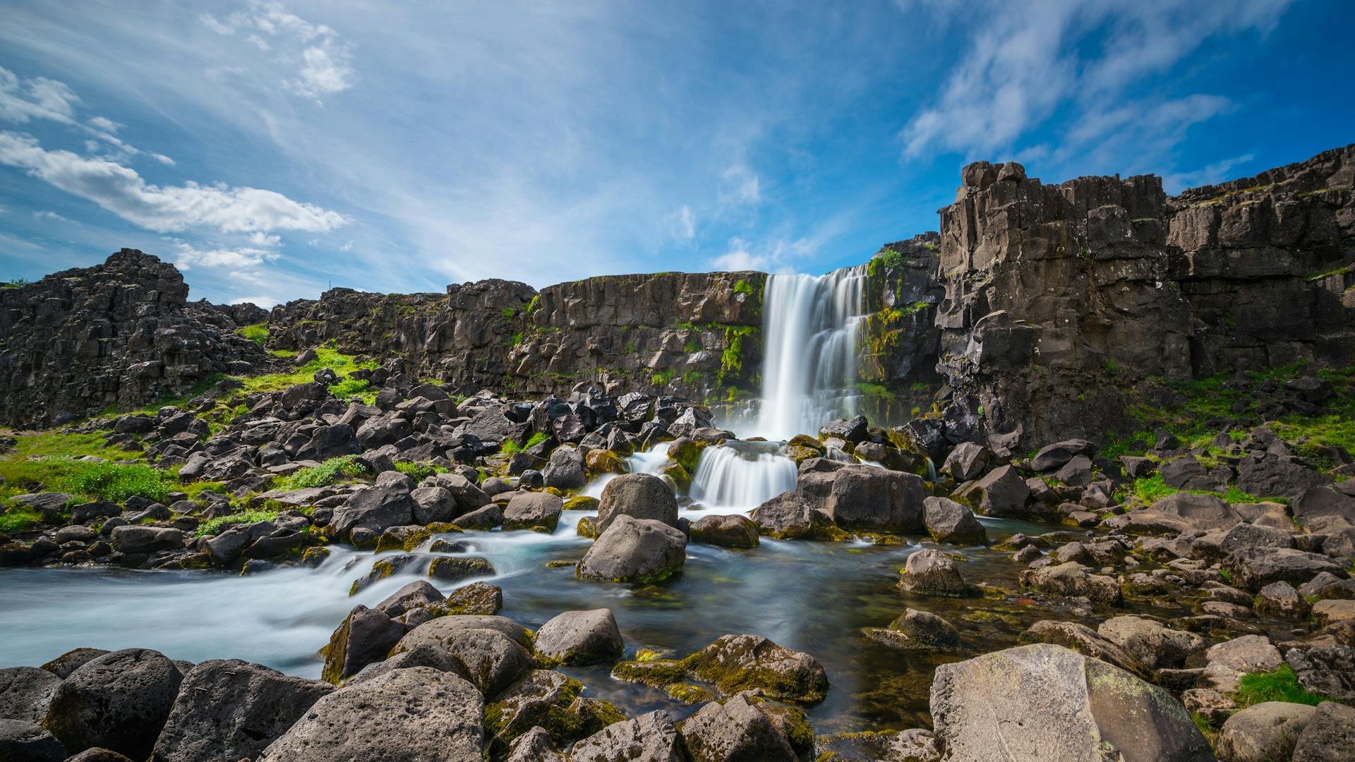 A waterfall in Thingvellir National Park, in Iceland.