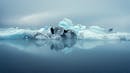 Glacial lagoon with floating icebergs creating a reflex in the calm water.