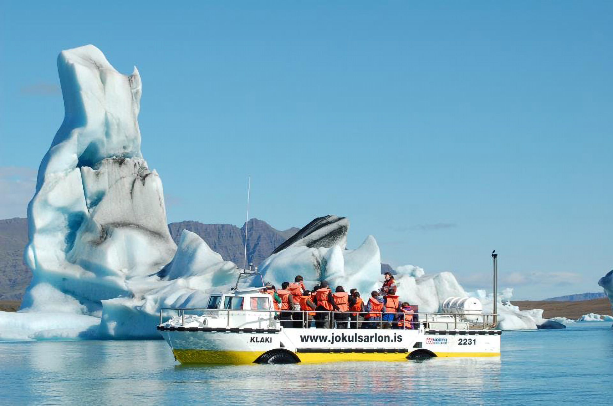 Amphibian boat on a glacier lagoon.