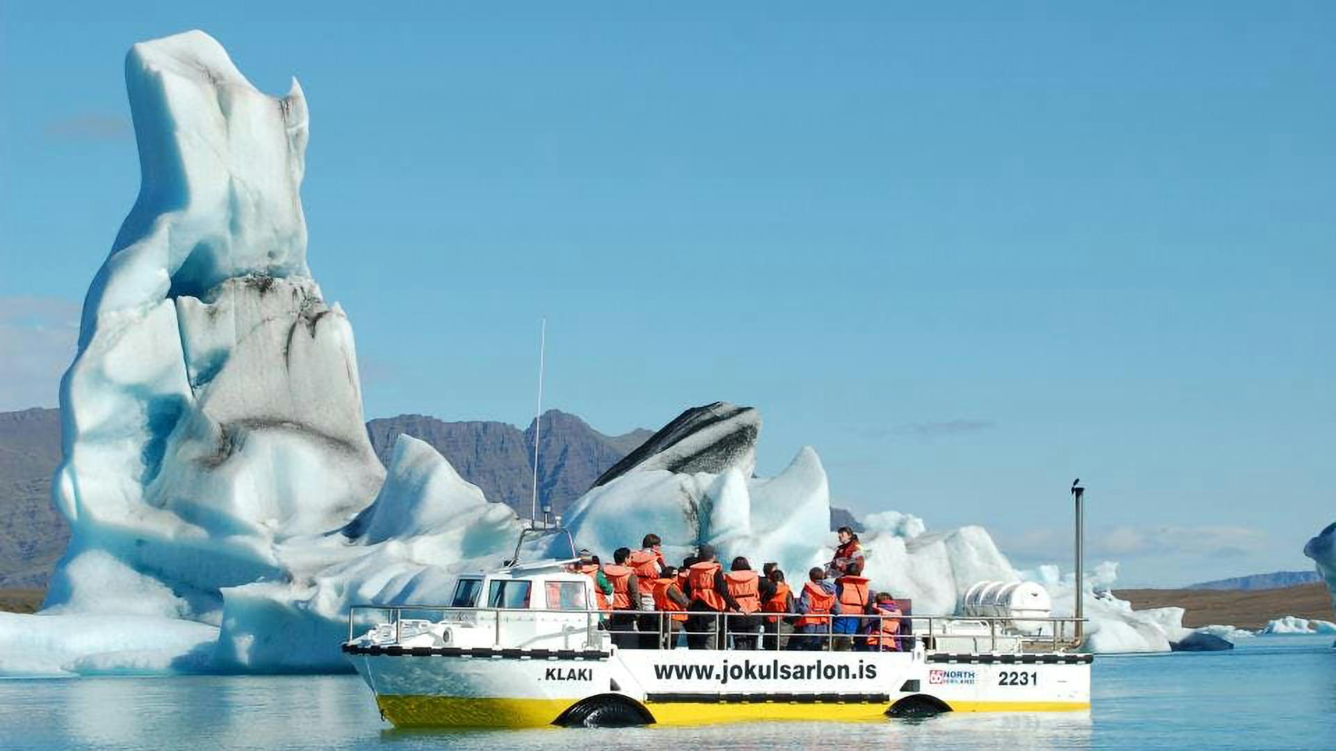 Amphibian boat on a glacier lagoon.